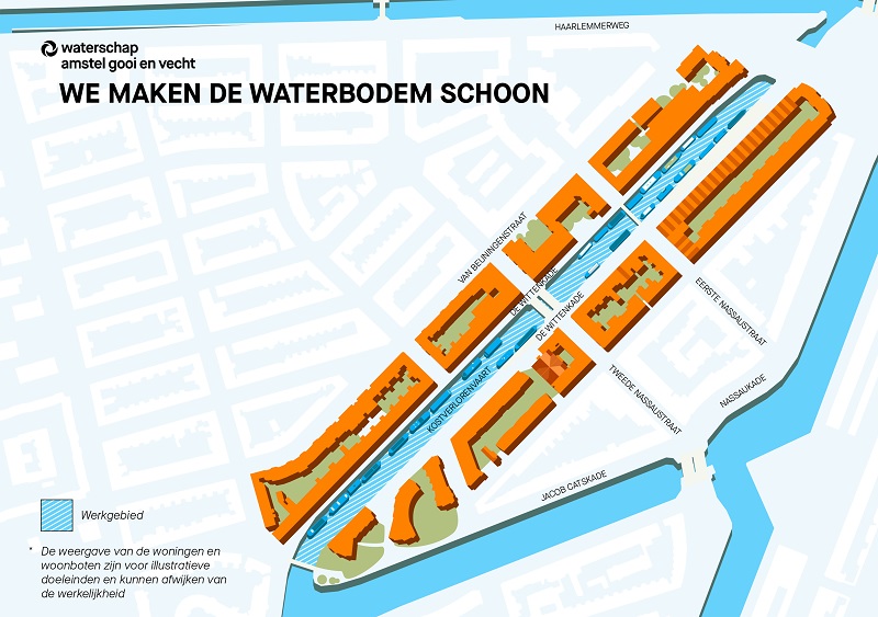 Infographic 'Werkgebied waterbodemsanering Prinseneiland. Plattegrond waarop het werkgebied is afgetekend. Het werkgebied bevindt zich in de Kostverlorenvaart, deel De Wittenkade