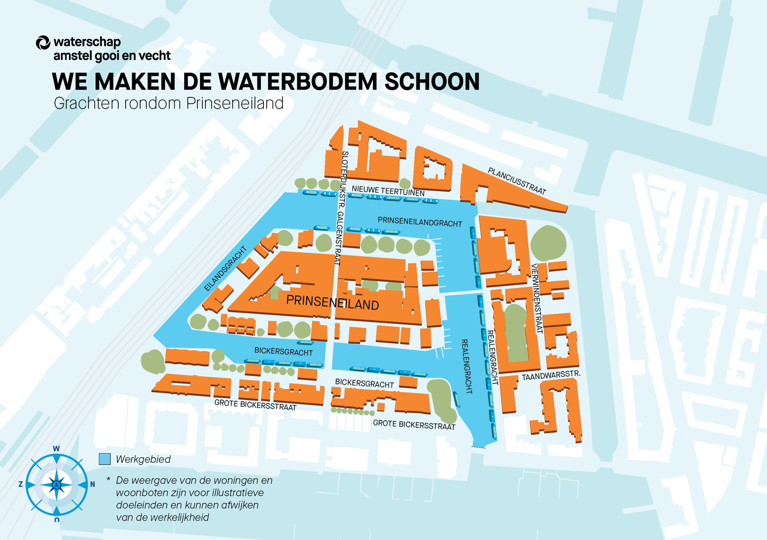 Infographic 'Werkgebied waterbodemsanering Prinseneiland. Plattegrond waarop het werkgebied is afgetekend. Het werkgebied bevindt zich in de Realengracht, Prinseneilandgracht, Bickersgracht en eilandsgracht.
