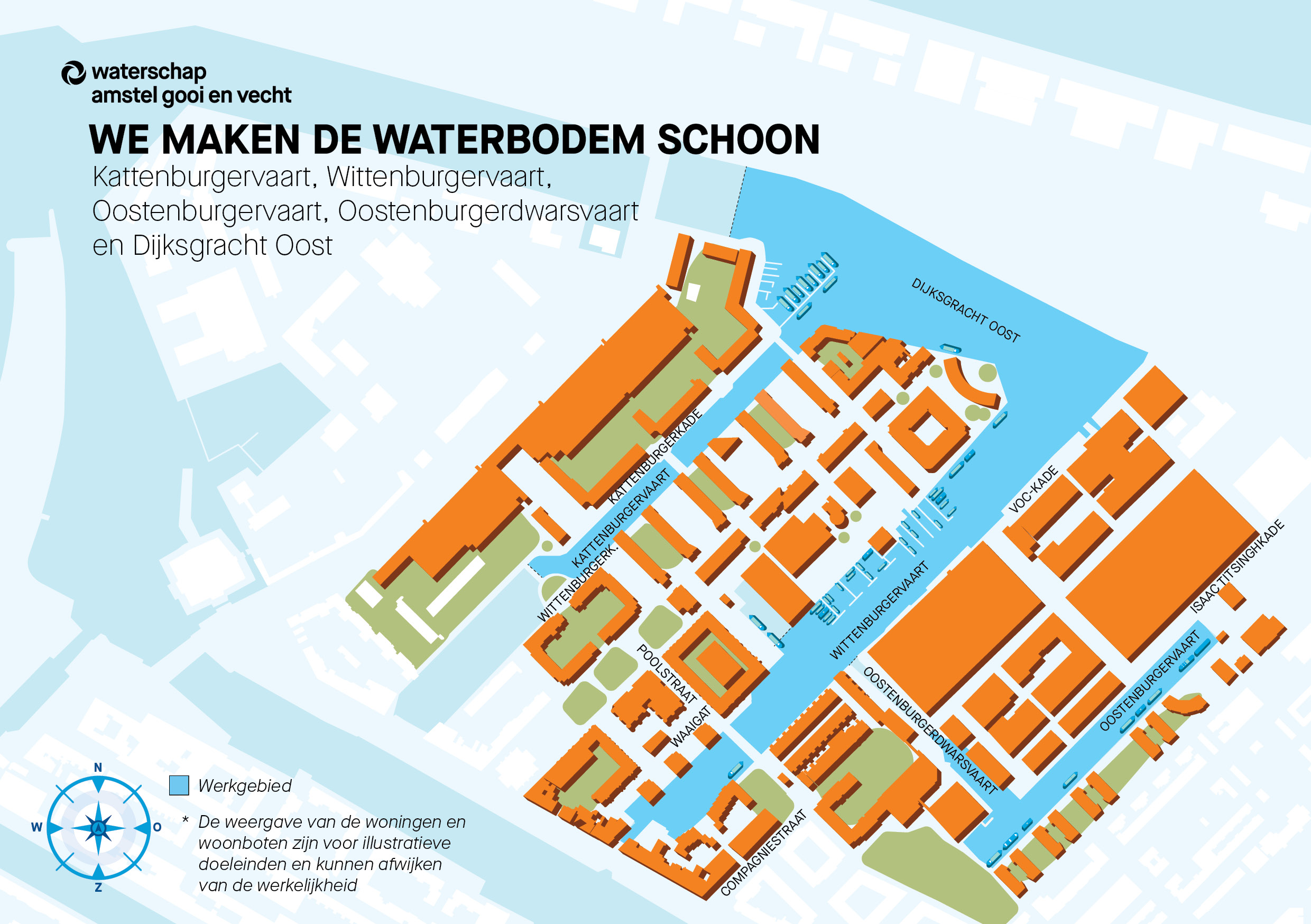 Infographic 'Werkgebied waterbodemsanering Prinseneiland. Plattegrond waarop het werkgebied is afgetekend. Het werkgebied bevindt zich in de Kattenburgervaart, Wittenburgervaart, Oostenburgervaart, Oostenburgerdwarsvaart en Dijksgracht oost.
