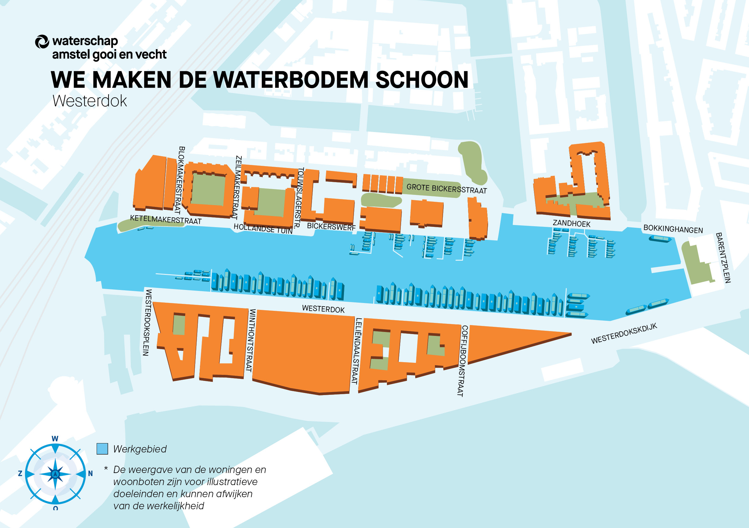 Infographic 'Werkgebied waterbodemsanering Prinseneiland. Plattegrond waarop het werkgebied is afgetekend. Het werkgebied bevindt zich in het water van het Westerdok