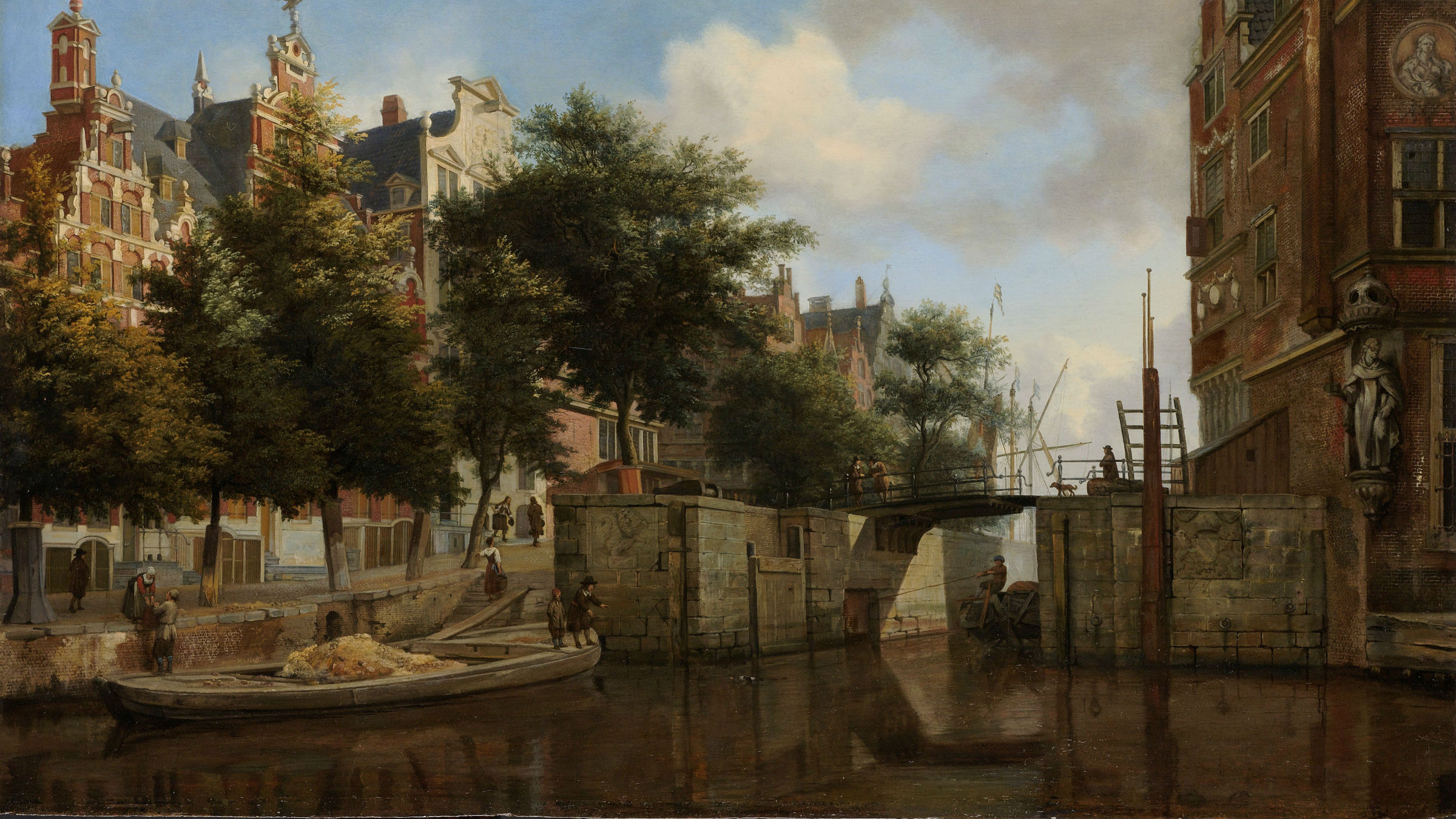 Schilderij van Jan van der Heyden uit ongeveer 1670. Te zien zijn de Oude Haarlemmersluis en de Herengracht.