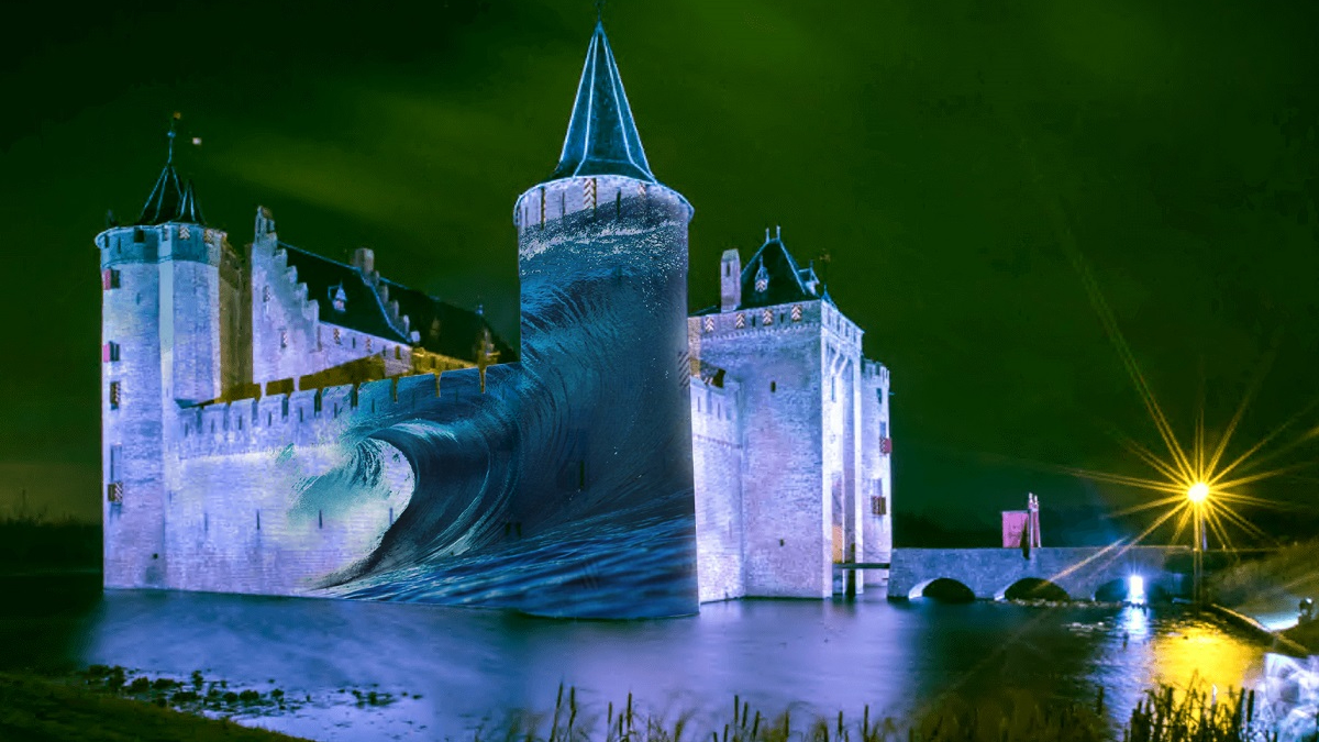 Muiderslot lijkt door lichtprojectie onder water te staan