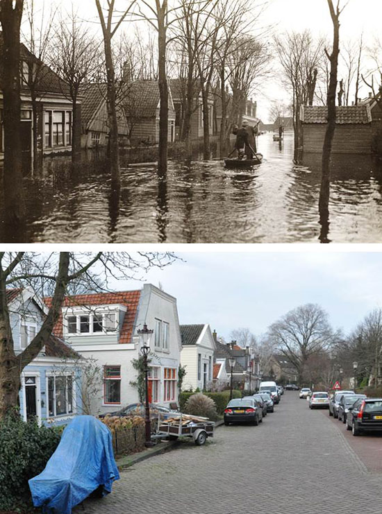 Meerpad te Nieuwendam tijdens de stormvloed van 1916 en nu